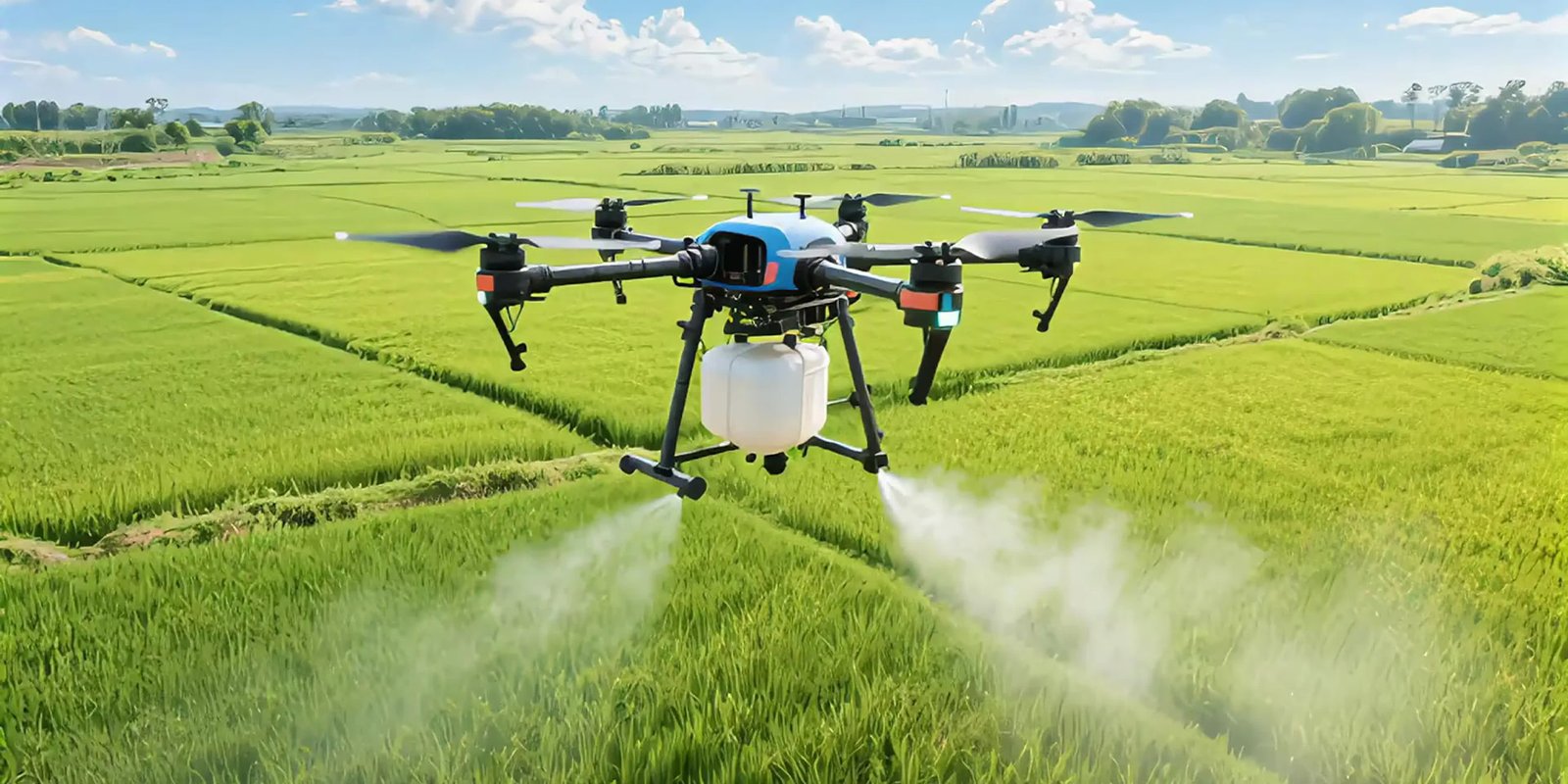 Multi-rotor drone spraying crops with precision agriculture payload system