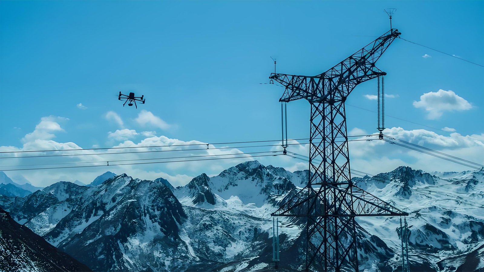 UAV powerline inspection drone flying over wind turbines for aerial transmission line survey