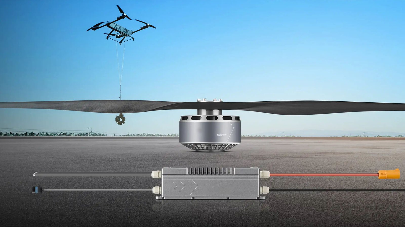 SoarApex eX4 quadcopter drone in flight over industrial terrain at dusk with mountain skyline