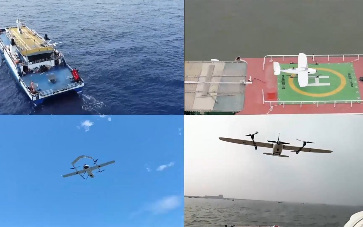 ATS Special antenna tracking system mounted on a vessel deck, compensating for wave motion while tracking a maritime UAV